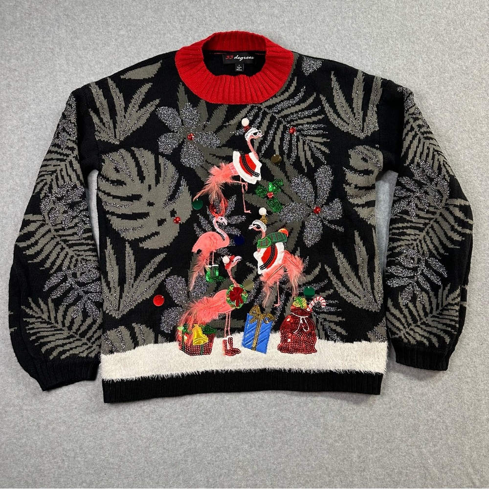 Ugly Christmas Sweater Black Pullover Crewneck Festive Flamingos Metallic Small